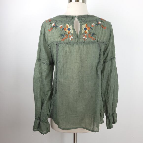 Umgee Green Floral Embroidered Peasant Blouse Long Sleeve Lightweight Small - Picture 7 of 11
